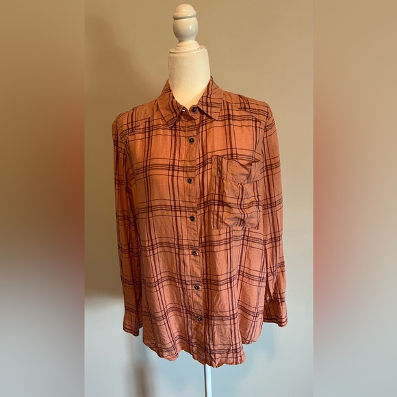 Free People No Limits Oversized Linen Plaid Button Down size Small EUC - Picture 3 of 15